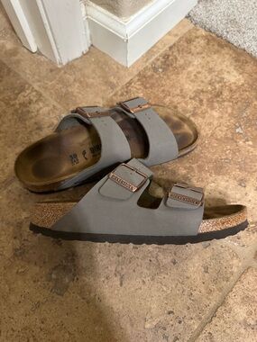 Birkenstock Arizona Two-Strap Sandals in Gray with Copper Buckles